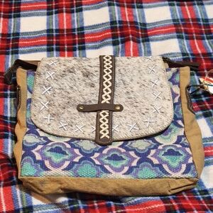 OLAY Crossbody Bag with Blue and Tan Accents